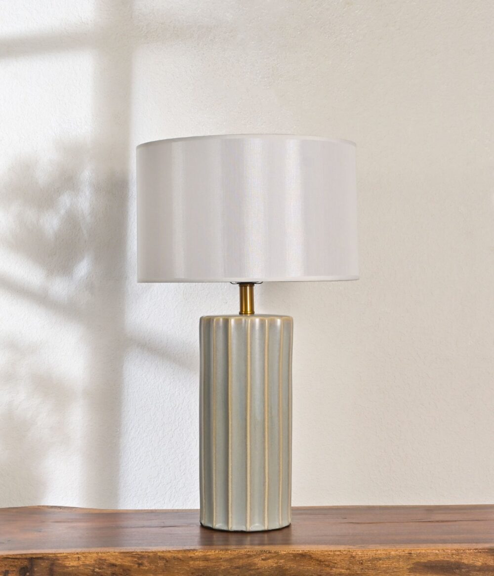 Modern Ceramic Table Lamp with White Drum Shade – Elegant Fluted Design for Bedroom, Living Room, or Office