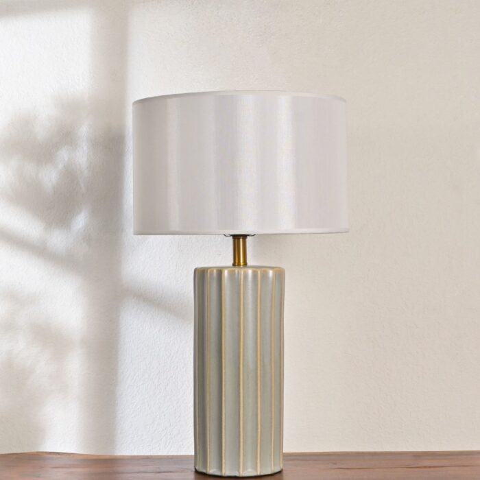 Modern Ceramic Table Lamp with White Drum Shade – Elegant Fluted Design for Bedroom, Living Room, or Office
