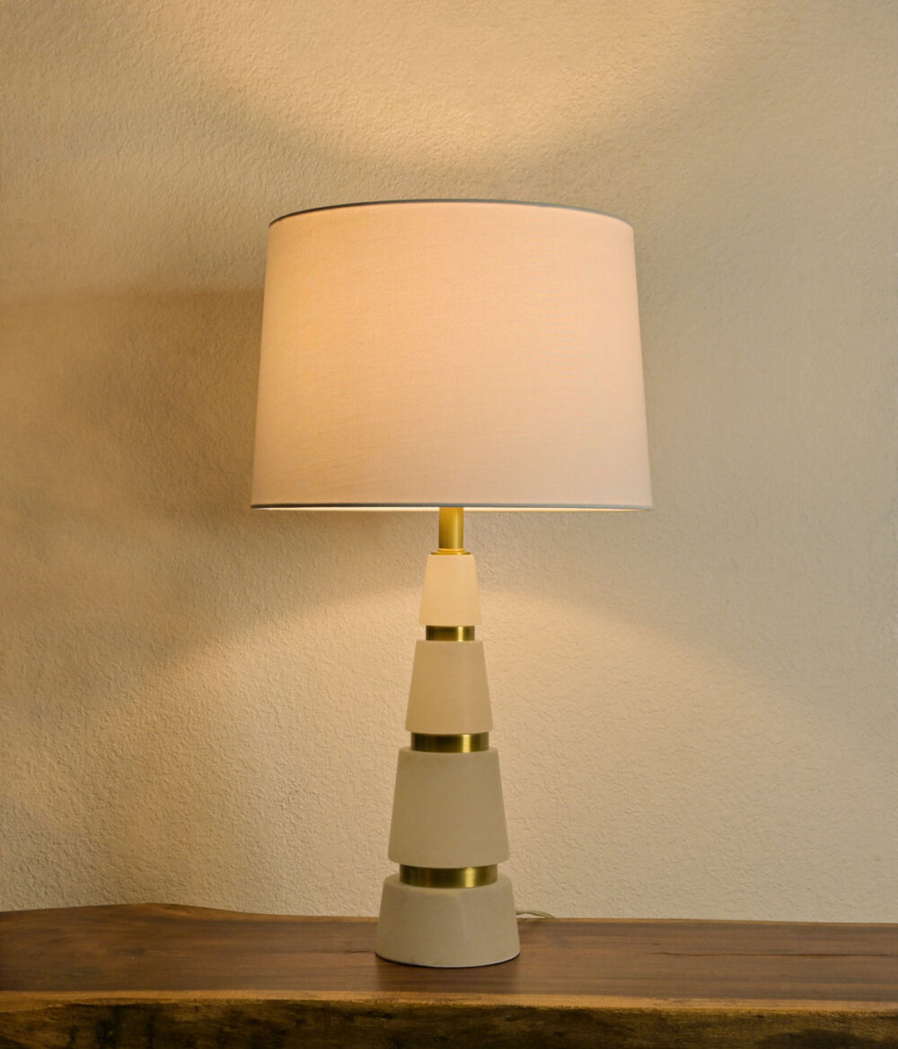 Modern Geometric Table Lamp with White Fabric Shade – Elegant Bedside & Living Room Lighting with Brass Accents - Image 2