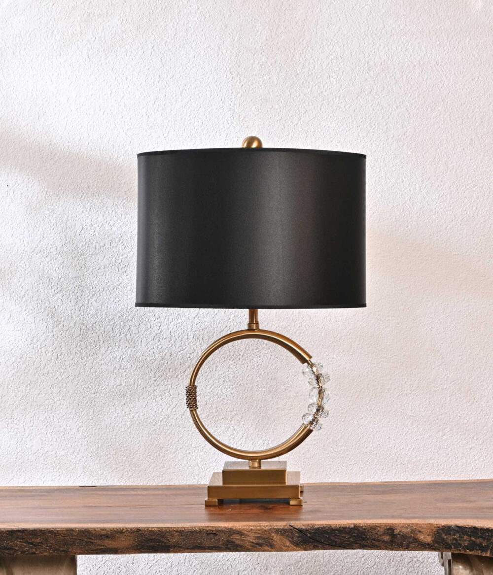 Luxury Crystal Ring Table Lamp with Black Shade – Modern Gold Finish Desk Lamp for Bedroom, Living Room, Office – Elegant Decorative Accent Lighting