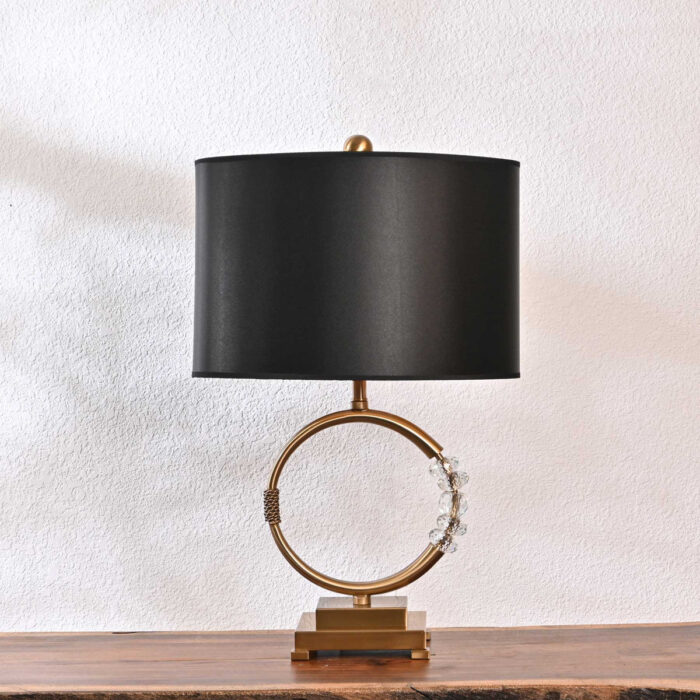 Luxury Crystal Ring Table Lamp with Black Shade – Modern Gold Finish Desk Lamp for Bedroom, Living Room, Office – Elegant Decorative Accent Lighting